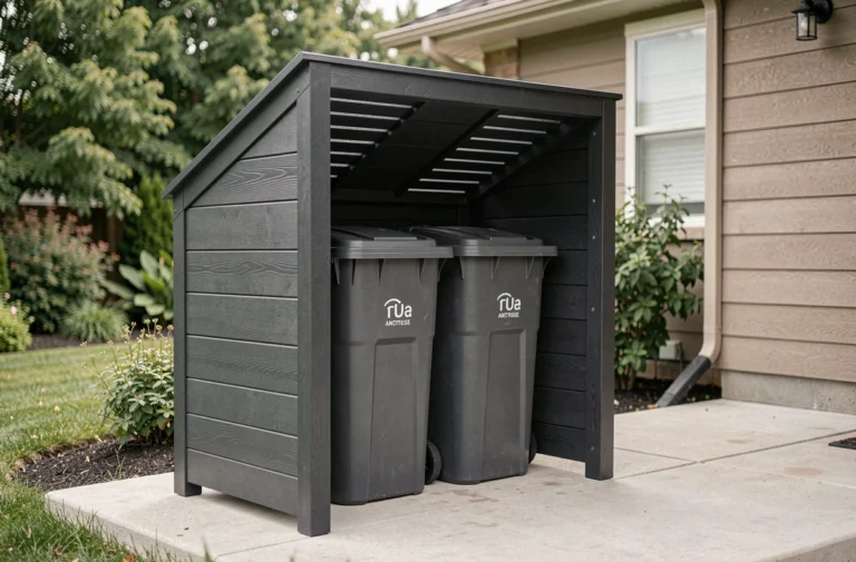 Abri pour poubelles en composite anthracite installé sur une terrasse en béton devant une maison de banlieue