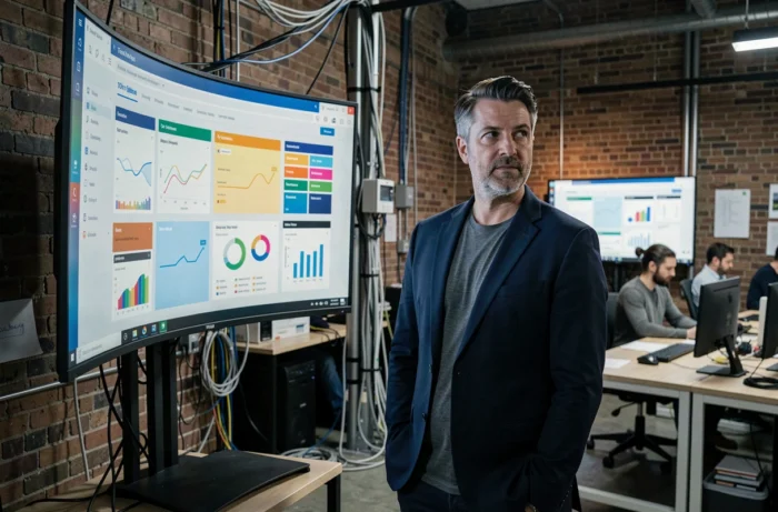Homme professionnel analysant des tableaux de bord technologiques sur un grand écran incurvé