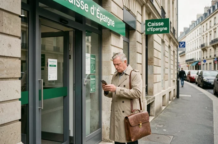 Homme devant une agence Caisse d'Épargne consultant son téléphone pour résoudre une erreur de connexion