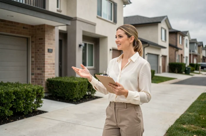 Femme agent immobilier devant une maison neuve en banlieue tenant un clipboard lors d'une visite de bien immobilier