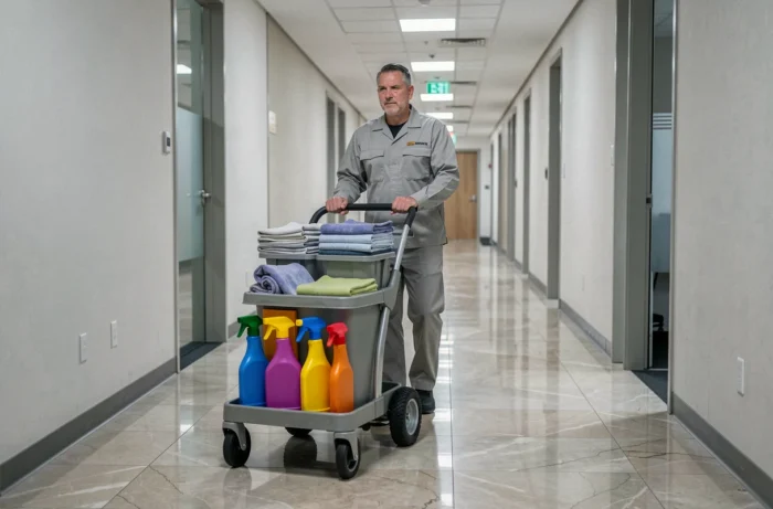 Agent de nettoyage poussant un chariot de produits d'entretien professionnel dans le couloir d'un immeuble de bureaux