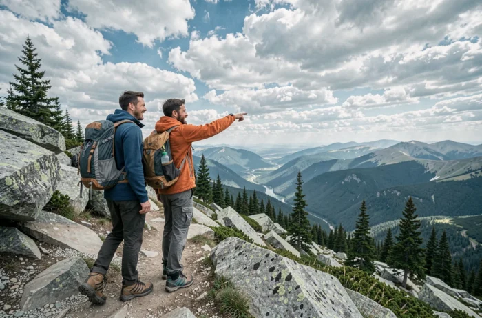Deux amis en randonnée sur un sentier de montagne rocailleux profitant de leur temps libre