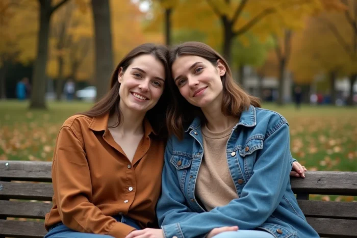 Deux amies proches sur un banc en automne exprimant une affection sincère, symbolisant les nuances du sentiment 'je t'aime beaucoup'