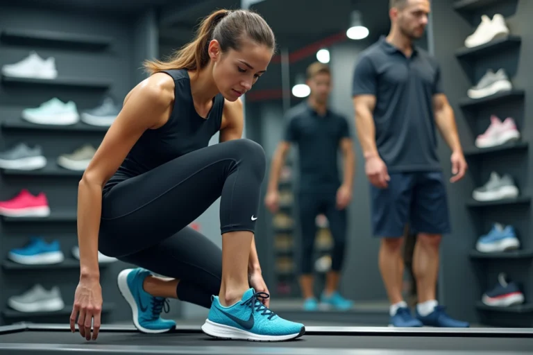Femme analysant sa foulée sur un tapis roulant en magasin spécialisé pour choisir ses chaussures de running selon sa pronation