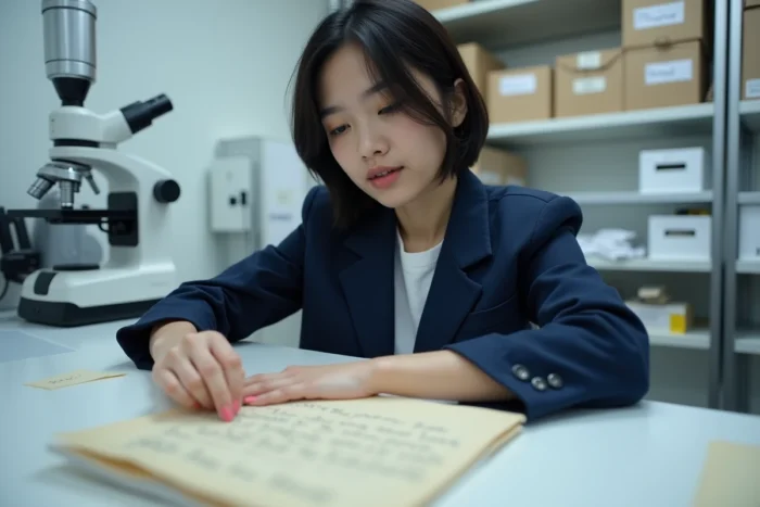 Analyste de documents plaçant une page manuscrite ancienne dans une pochette de protection en laboratoire forensique