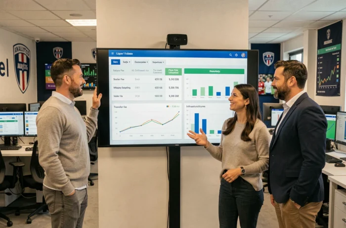 Équipe d'analystes sportifs étudiant la répartition du budget d'un club de Ligue 1 sur écran tactile
