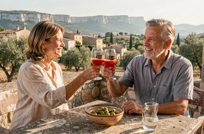 Deux amis dégustant un apéritif Ricard tomate en terrasse avec vue sur un village provençal ensoleillé
