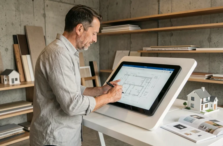 Architecte consultant des plans de maison connectée sur tablette tactile dans un studio de design contemporain