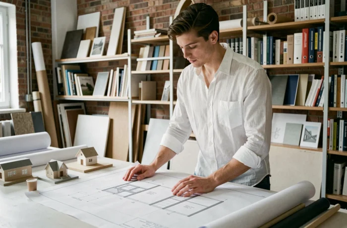 Architecte de Killahejlaszo Ltd analysant des plans techniques et des maquettes dans un studio de conception contemporain