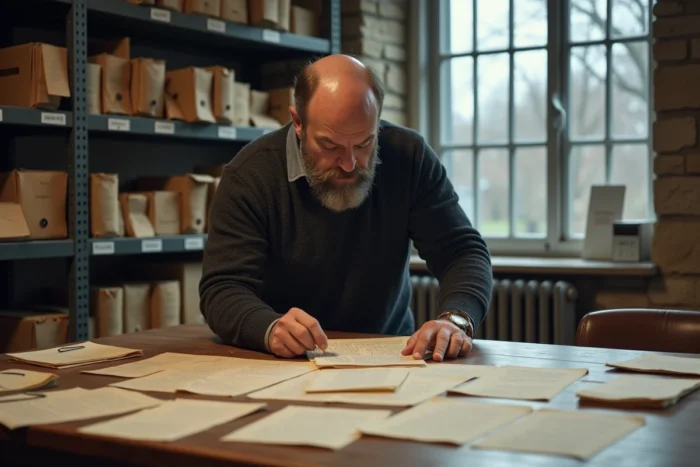 Archiviste comparant des échantillons d'écriture sur des documents historiques dans une salle d'archives universitaire