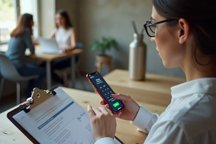 Jeune femme utilisant l'authentification double facteur sur smartphone pour se connecter au PIA Grenoble en espace de coworking