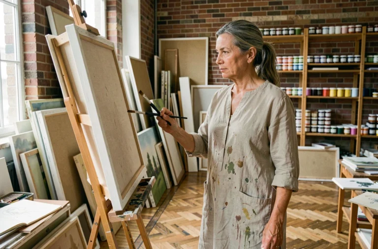 Béatrice Vonderweidt artiste peintre dans son atelier devant une toile en cours, smock en lin taché de peinture, ambiance créative et authentique
