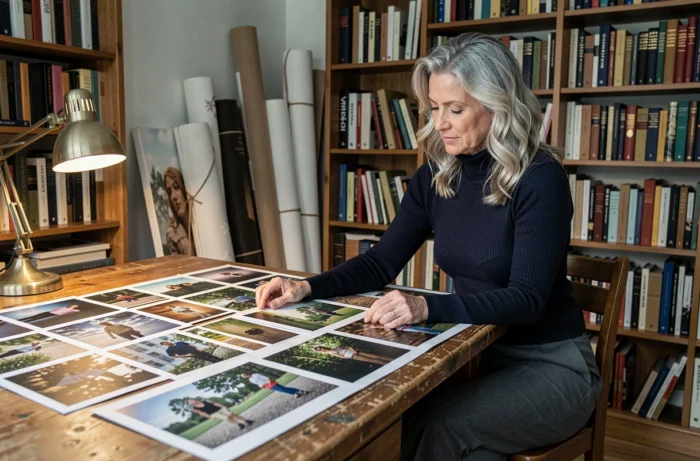 Artiste photographe et peintre examinant ses tirages photographiques dans une bibliothèque d'atelier, portfolio étalé sur une table en bois, atmosphère studieuse