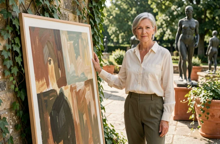Béatrice Vonderweidt posant avec l'une de ses toiles dans un jardin de sculptures en plein air, mur de pierre et lierre, œuvre et artiste en regard