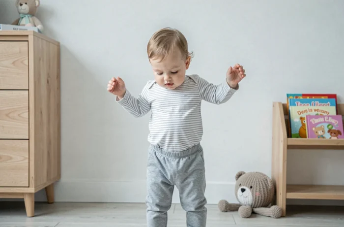 Bébé debout seul contre un mur blanc dans une chambre d'enfant minimaliste, apprenant à tenir en équilibre