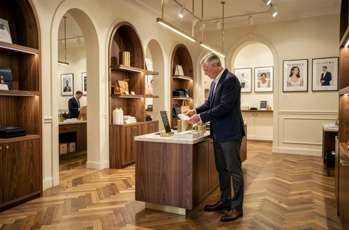 Boutique commerciale haut de gamme avec design d'espace soigné mettant en valeur des étagères en noyer et des accessoires en laiton brossé