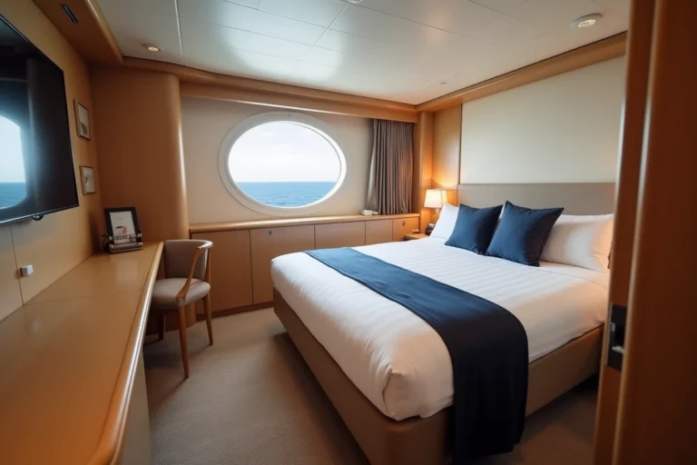 Cabine intérieure moderne d'un navire Costa Cruises avec lit queen-size, bureau en bois et hublot vue mer