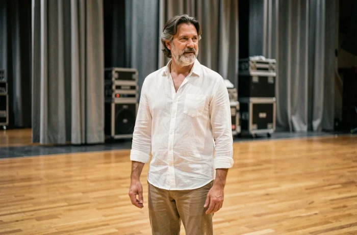 Chanteur grand et élancé aux cheveux grisonnants en coulisses d'une salle de spectacle, illustrant la stature d'un artiste de scène