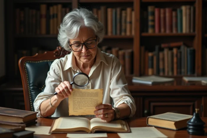 Chercheuse examinant à la loupe une page manuscrite mystérieuse détachée d'un vieux livre