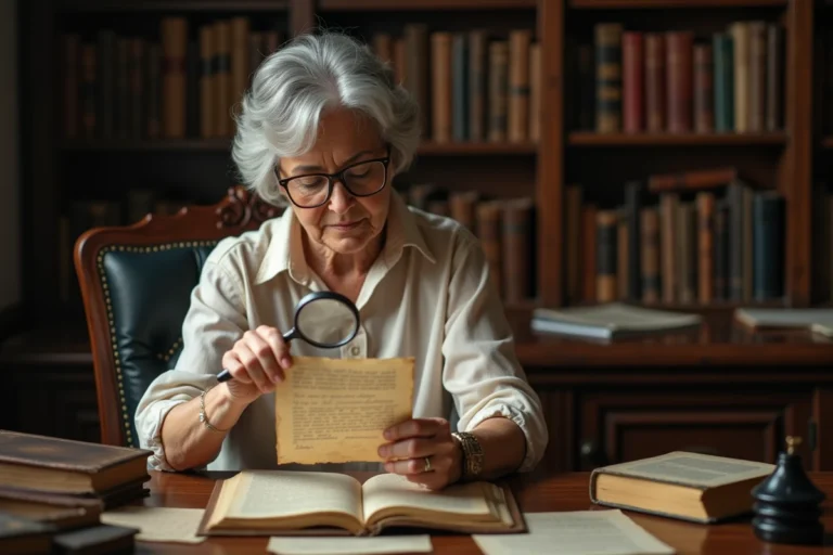 Chercheuse examinant à la loupe une page manuscrite mystérieuse détachée d'un vieux livre