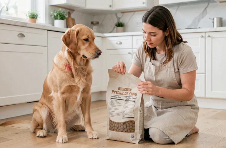 Femme lisant les ingrédients d'un sac de croquettes pour chien souffrant de problèmes de peau, avec un golden retriever assis près d'elle dans une cuisine