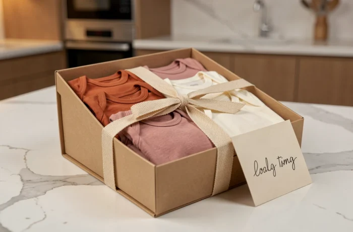 Coffret cadeau naissance tendance avec bodies en coton bambou terracotta et rose poudré présenté sur marbre blanc