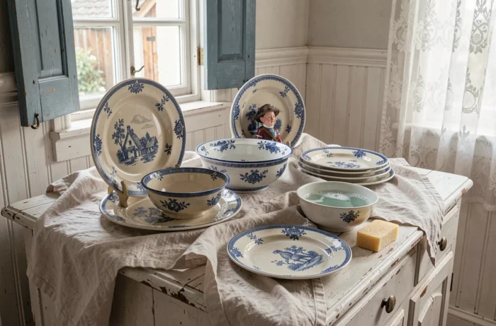Collection de faïences Henriot Quimper disposées sur un buffet breton avec accessoires d'entretien et de nettoyage