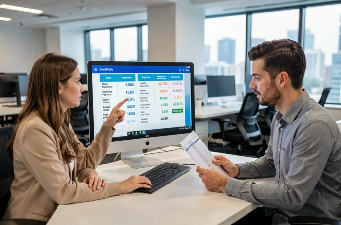 Deux collègues comparant côte à côte différentes offres de crédit sur un écran d'ordinateur dans un bureau professionnel moderne