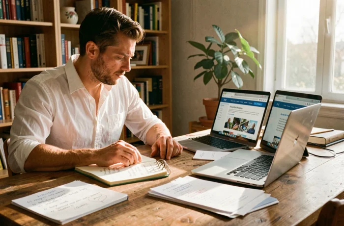Un entrepreneur comparant des agences web sur deux écrans pour choisir le meilleur prestataire de refonte de site