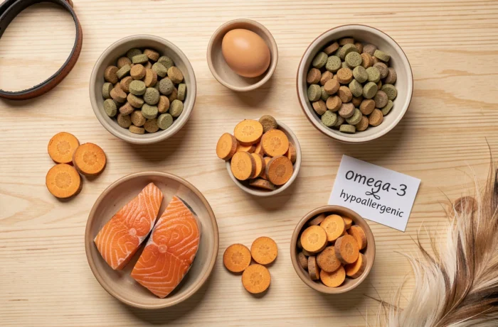 Vue du dessus d'un assortiment de croquettes hypoallergéniques pour chien avec des ingrédients naturels comme le saumon et la patate douce pour les peaux sensibles
