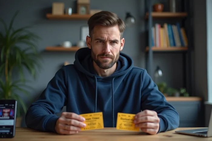 Homme comparant deux billets du festival Vieilles Charrues pour détecter un faux en examinant les différences visuelles de sécurité