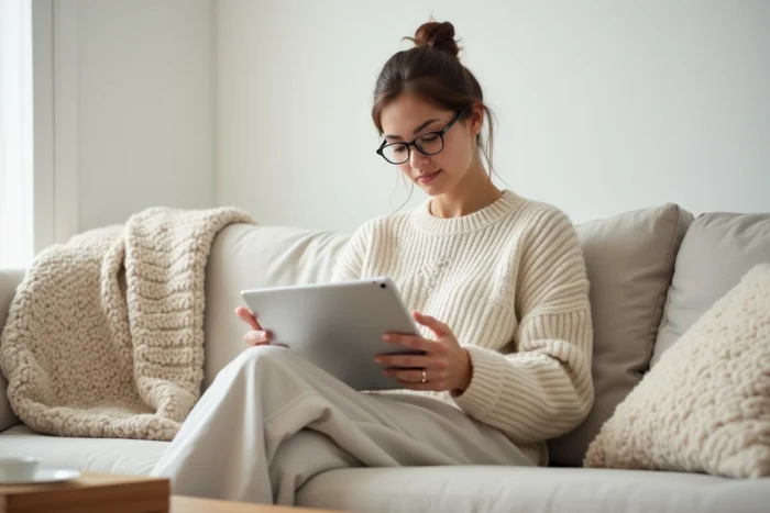Jeune femme configurant une adresse mail IONOS sur Apple Mail avec une tablette iPad dans un salon scandinave