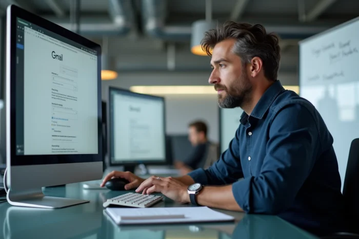 Homme configurant un compte mail IONOS sur Gmail dans un espace de coworking moderne