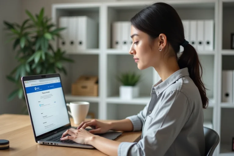 Femme configurant une adresse mail IONOS sur Outlook depuis un bureau à domicile moderne