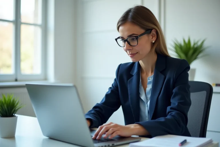 Femme professionnelle se connectant à un portail administratif sécurisé sur ordinateur portable dans un bureau moderne