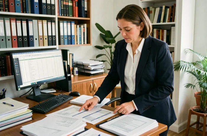 Conseillère juridique analysant un dossier de cessation de paiement dans un bureau professionnel