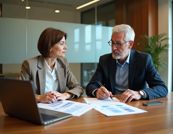 Deux conseillers bancaires analysant des rapports financiers et des statistiques du secteur bancaire lors d'une réunion professionnelle