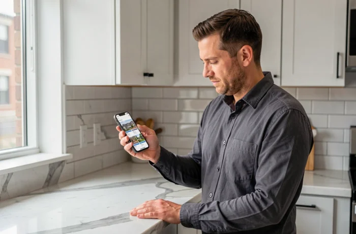 Homme consultant des annonces immobilières anciennes sur smartphone dans une cuisine moderne