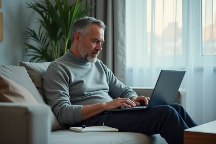 Homme utilisant un ordinateur portable pour contacter le service client CDC Habitat en ligne