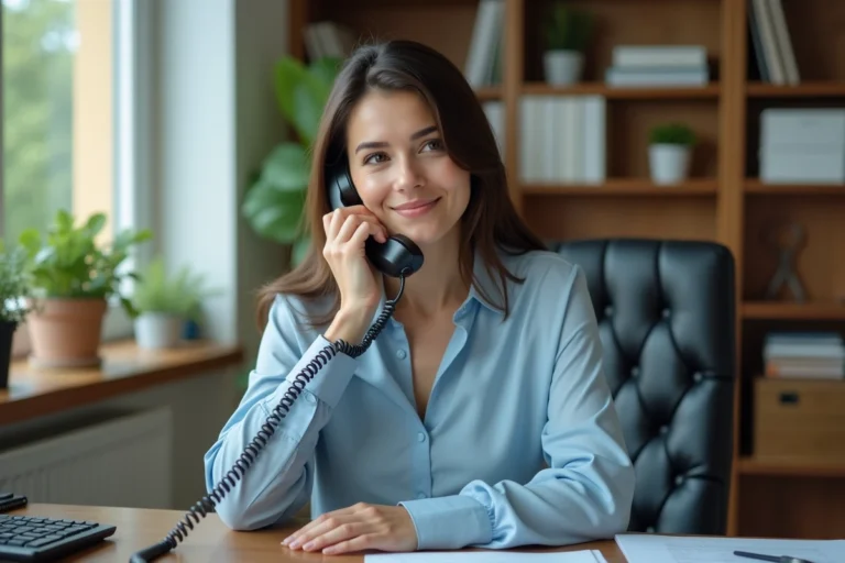 Femme contactant le service client de CDC Habitat par téléphone depuis son bureau à domicile