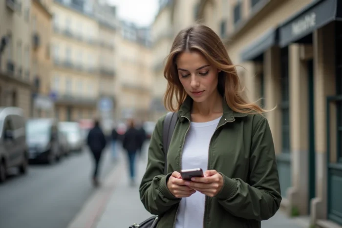 Jeune femme envoyant un message au service client CDC Habitat depuis son smartphone en extérieur