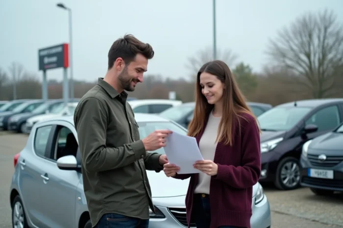 Un couple examine des documents d'achat devant une voiture d'occasion dans un parc automobile, illustrant un retour d'expérience sur LaCentrale-Eco