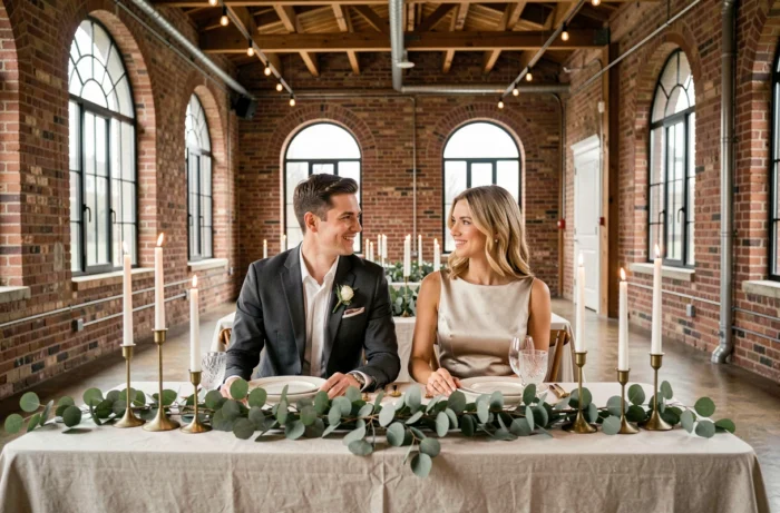 Couple de mariés assis à une table de réception décorée d'eucalyptus et de bougeoirs en laiton dans un loft industriel rénové