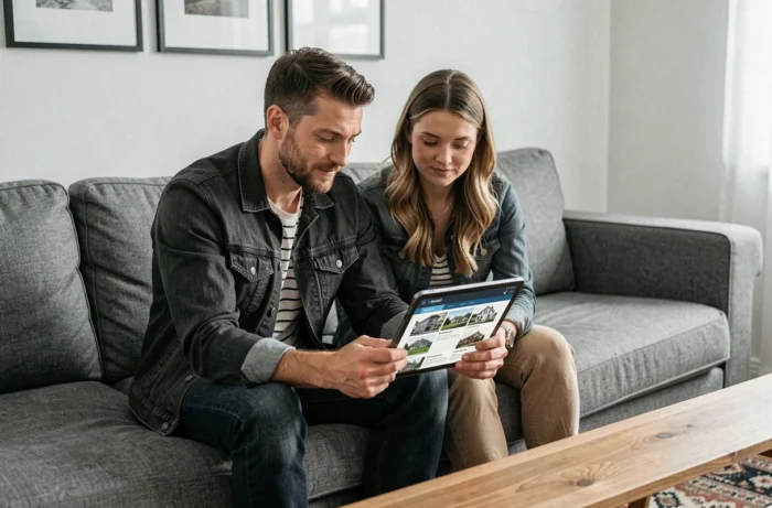 Couple recherchant des anciennes annonces immobilières sur Le Bon Coin depuis une tablette dans un salon