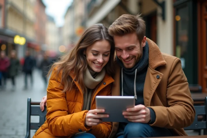 Couple cherchant les meilleurs jours pour voyager pas cher avec Ryanair sur une tablette en terrasse