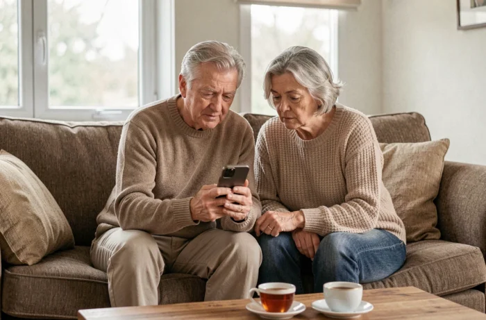 Couple de seniors consultant un smartphone ensemble pour découvrir des services numériques adaptés