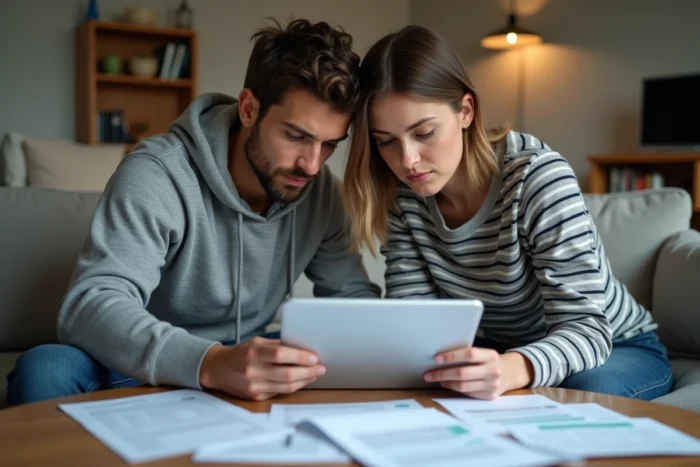 Jeune couple révisant des documents de contrôle CAF et des relevés bancaires ensemble dans leur salon