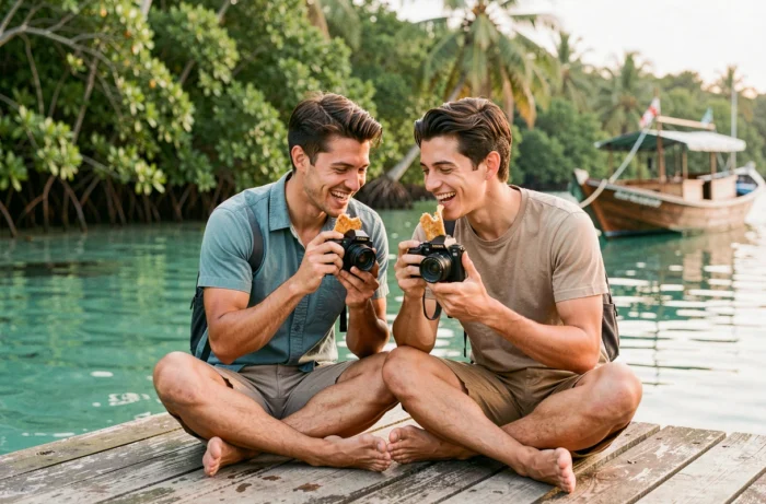 Couple de voyageurs dégustant un repas local sur un ponton tropical en Asie du Sud-Est, idée de voyage en duo