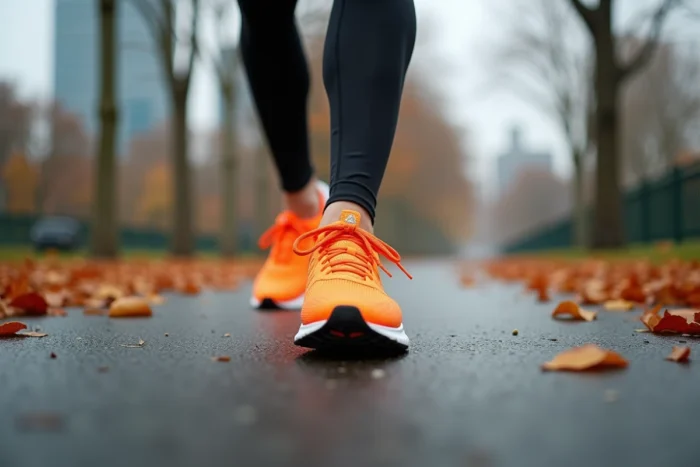 Coureur en action sur un chemin de parc en automne mettant en valeur la foulée et le choix de chaussures de running adaptées