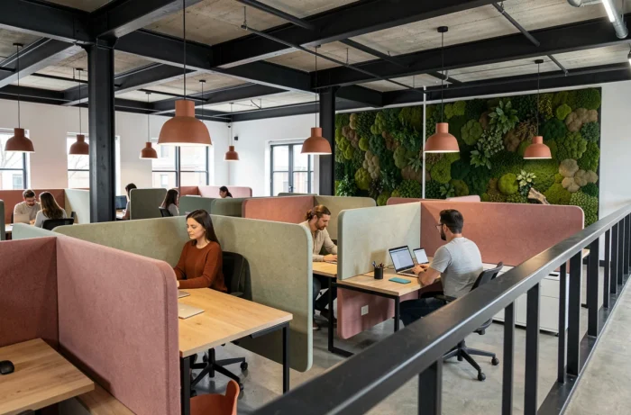Espace de co-working contemporain avec zonage professionnel, cloisons acoustiques et mur végétal illustrant un design d'espace réfléchi